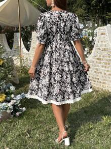 SHEIN Floral Print Frill Trim Maternity Dress With Short Sleeves - Multicolor - View 2