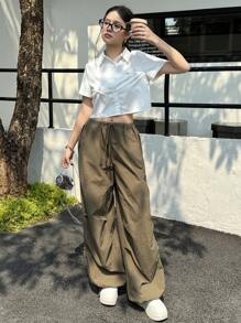 Teen Girl Loose Casual Minimalist Comfy Tie Neck Bow Decor Short Sleeve Blouse - White - View 3