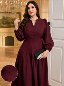 Modelyn Plus Size Solid Color Long Sleeve Burgundy Dress, Fashionable For Summer Flowy Dress - Burgundy - View 1