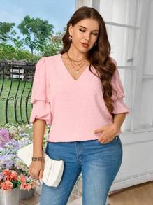 SHEIN LUNE 大码女式小 V 领双层泡泡袖镂空面料常规衬衫 - 粉色 - 查看 4
