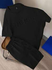 Claim Dot Bộ áo thun tay ngắn in chữ và quần short thường ngày cho nam, mùa hè, trang phục ấm áp - màu đen - Xem 1