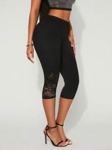 SHEIN SXY Plus Size Women's Spring&Summer Elegant Sexy Daily Basic Side Lace Patchwork Capris Elastic Leggings