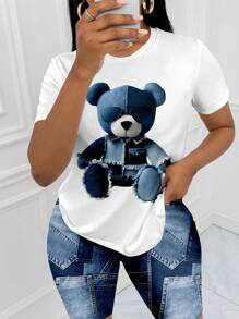 Slaydiva 2 pezzi Set da donna casual e carino composto da maglietta a maniche corte con stampa grafica di orsetto in effetto jeans e pantaloncini stampati, per l'estate