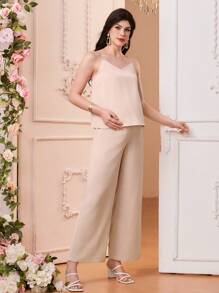 SHEIN 3pcs Maternity Solid Color Knitted Cardigan + Camisole + Loose Casual Pants Set - Khaki - View 5