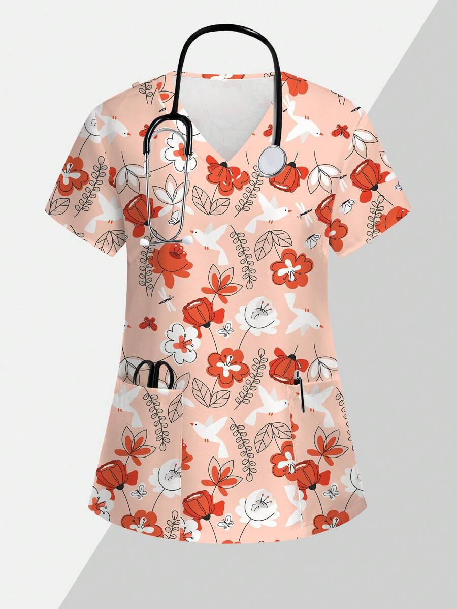 PopScrub Cute Cartoon Sketch Floral & Bird Print /Nursing Scrub Uniform Top - Multicolor - View 1