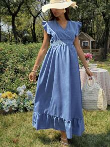 SHEIN Elegant Maternity V-Neck Ruffle Sleeve Dress For Summer - Blue - View 3