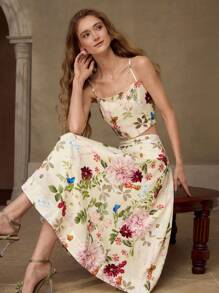 MOTF PREMIUM Conjunto de top de tirantes con estampado floral y falda fluida - Multicolor - Ver 6