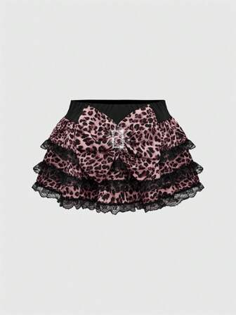 J-Fashion Y2K Harajuku Super Oversized Bow Low-Waist Lace Ruffle Leopard Print Women's Mini Skirt