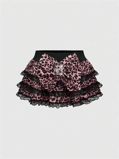 J-Fashion Y2K Harajuku Super Oversized Bow Low-Waist Lace Ruffle Leopard Print Women's Mini Skirt