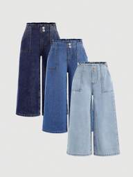 SHEIN 3 Pairs Girls Loose Fit Denim Pants In Dark Blue, Medium Blue And Light Blue