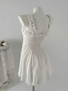 SHEIN Unity Đầm hè dáng suông cổ chữ V màu trơn, thắt nơ phía trước, không tay, viền bèo nhún. - trắng - Xem 2