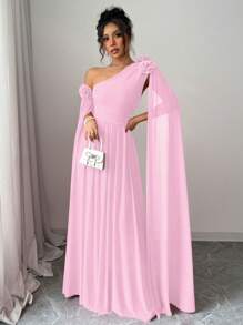 Chiquease 红色高低褶皱网眼连衣裙，奢华长袖派对礼服，情人节的理想之选 - 粉色 - 查看 4
