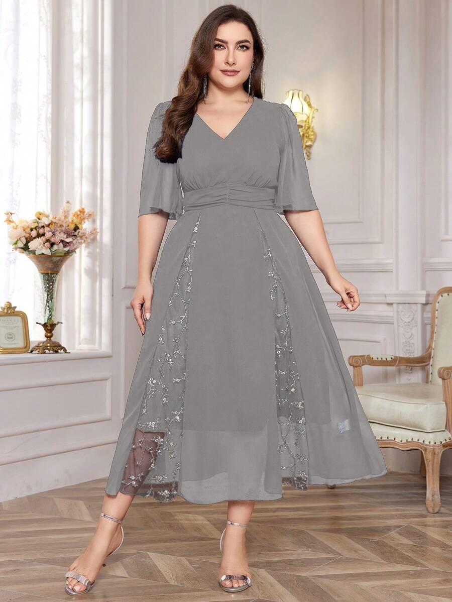 Modelyn Plus Size Elegant Floral Embroidery Mesh Patchwork Dress - Grey - View 1