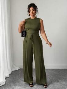 Elenzga Plus Size Casual Solid Color Tank Top And Pants Set - Army Green - View 3