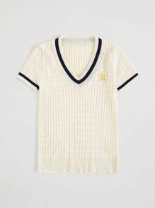 Briarwyn Blusa lavorata a maglia con scollo a V, maniche corte, contrasto di colore, con ricamo a lettera, per outfit estivi da donna, casual business