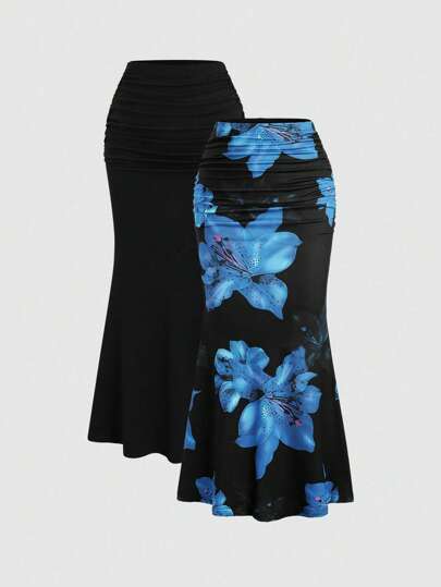 Sweetra 2pcs/Set Elegant Party Women Solid Color Mermaid Skirt And Floral Print Skirt Fall Cloth For Women