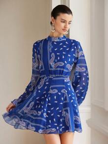 Aveloria Rosie Floral Print Chiffon Long Sleeve Short Dress, Suitable For Valentine's Day, Spring & Summer All Over Print For Spring Fall