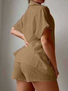 Swim Basics Casual Solid Color Short Sleeve Kimono Cover Up - Khaki - View 2