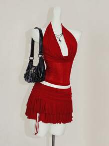 SHEIN ICON 2pcs Women Halter Top + Mini Skirt Set - Red - View 8