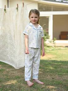2pcs/Set Young Girl' Soft, Smooth Fabric Casual Outfit - Blue Floral Collar, Cuffs & Hem Detail Short Sleeve Cardigan With Matching Straight Leg Pants, Homewear Set Kids Sleepwear Pj Set For Kids Button Down Pajama Set Sleeping Clothes For Kids Kids Summer Pajamas - Apricot - View 5