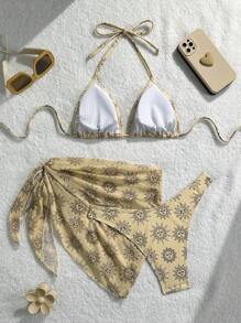 SHEIN Swim Women's 3-Piece Tropical Sunflower Smiling Face Sexy Halter Bikini Top And Side Floral Tie Pants With Mesh Skirt, Vacation Casual Swimsuit Set - Multicolor - View 2