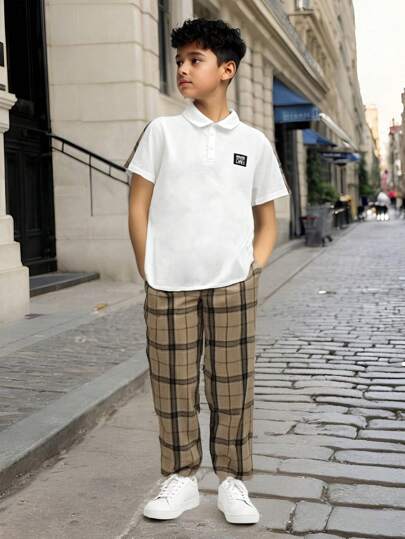 2 件 Tween Boy 休闲条纹圆领短袖 T 恤和裤子套装，适合通勤、上学、日常休闲装、运动、春夏