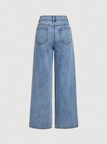 SHEIN MOD MOD 女士休闲日常常规款牛仔裤、女士牛仔裤、女士宽松牛仔裤、女牛仔、圣帕特里克节、女士街头服饰、闪亮宽松牛仔裤、阔腿裤 - 中等水洗藍 - 查看 2