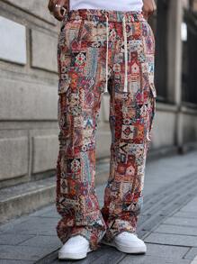 Manfinity EMRG Men's Street-Sport Style With An INS-Inspired Look, Featuring High-Street Bohemian Geometric-Pattern Yarn-Dyed Textured Jacquard Pants In An American Vintage Slight-Flared Cut With A Raw Hem. These Pants Are Perfect For Music Festivals, And Make A Great Gift For A Boyfriend Or Husband. They Bring A Streetstyle, Y2K Vibe To Any Wardrobe. Vintage American Style Men Geometric Print Cargo Pants With Pockets, Streetwear, Fall