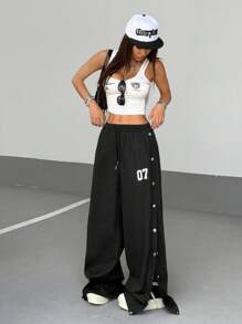 StreetHx Streetwear 女式休闲侧金属扣开衩纯色印花抽绳长裤，春夏 - 黑色 - 查看 4