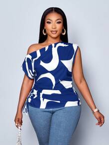 SOLERSUN Women's Plus Size Geometric Printed Asymmetrical Shoulder Drawstring Ruched Side Blouse, Random Print,One Shoulder Top - Navy Blue - View 2