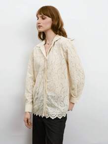Maija Elegant Women's Apricot Long Blouse With Delicate Floral Eyelet Embroidery, Woven Fabric, Long Sleeves, Collared Neckline, And A Relaxed Casual Fit