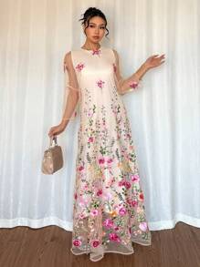 Islaluna Women's Elegant Floral Embroidered Maxi Dress With Round Neck And Short Sleeves - Hot Pink - View 4