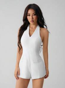 SHEIN PETITE Tuta con pantaloni a zampa e scollo profondo a V, stile corto per donne, di colore bianco