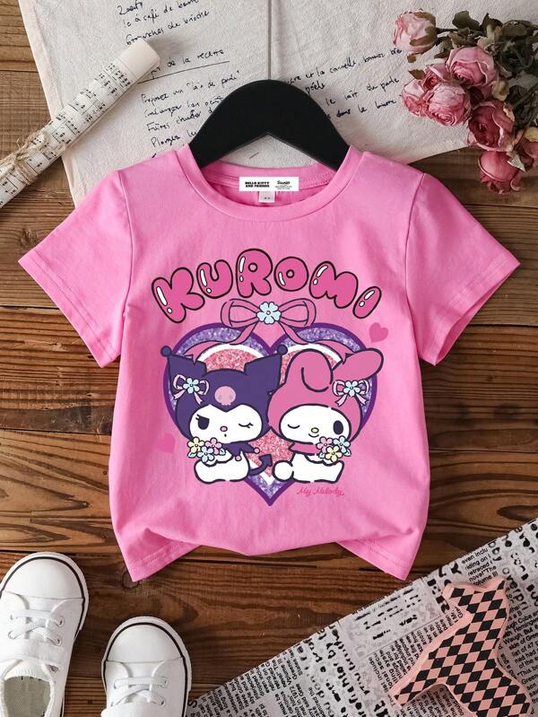 HELLO KITTY AND FRIENDS | SHEIN Young Girl Pink Round Neck Short Sleeve Casual Comfortable Cartoon Cute Pattern Print T-Shirt, Spring/Summer