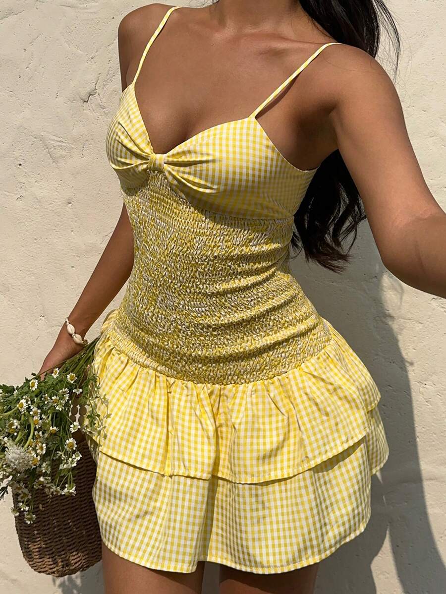 SHEIN Unity Women's Casual Backless Bowknot Ruffle Hem Cami Mini Dress, Holiday