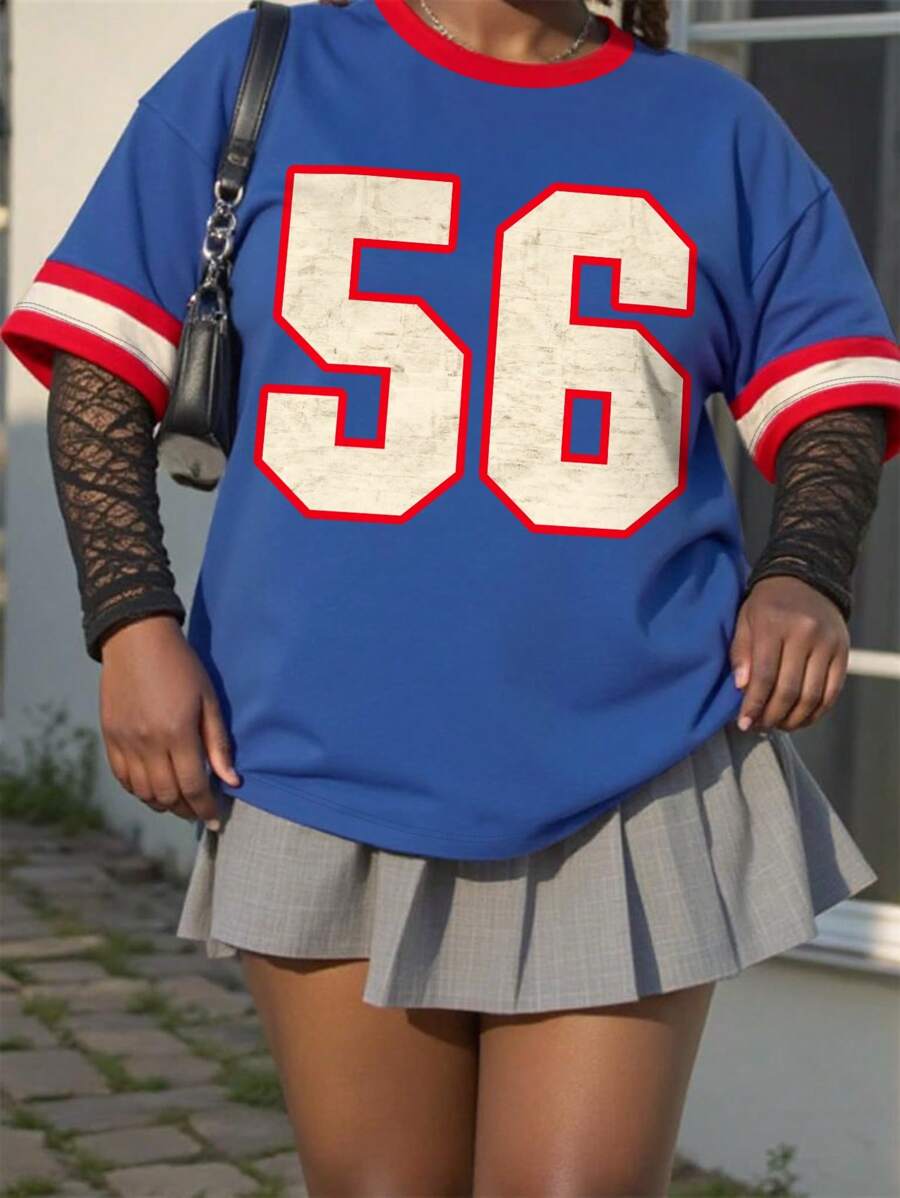 SHEIN Plus Size Women Casual Y2K Style Color Block Plus Size T-Shirt - Green - View 1