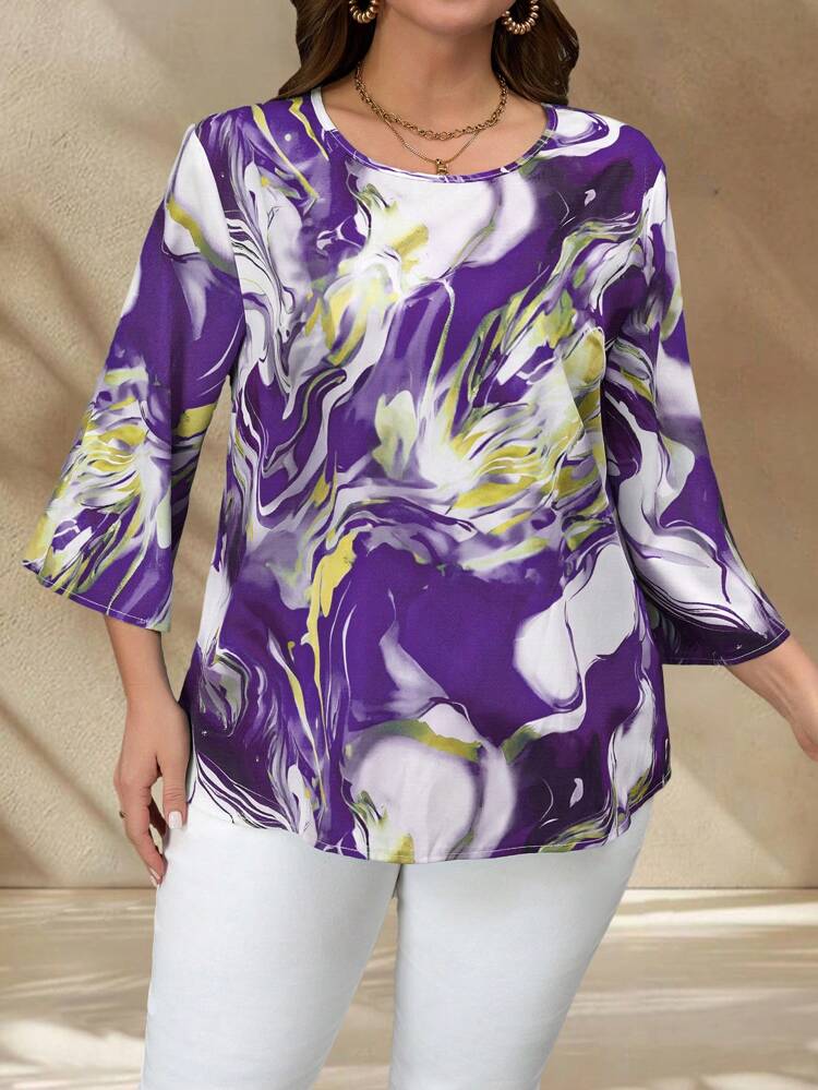 Plus Size Women Marble Pattern Round Neck 3/4 Sleeve Blouse