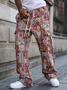 Manfinity EMRG Men's Street-Sport Style With An INS-Inspired Look, Featuring High-Street Bohemian Geometric-Pattern Yarn-Dyed Textured Jacquard Pants In An American Vintage Slight-Flared Cut With A Raw Hem. These Pants Are Perfect For Music Festivals, And Make A Great Gift For A Boyfriend Or Husband. They Bring A Streetstyle, Y2K Vibe To Any Wardrobe. Vintage American Style Men Geometric Print Cargo Pants With Pockets, Streetwear, Fall