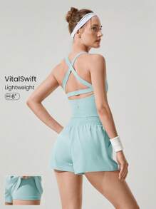 GLOWMODE Bộ đồ liền thân 6'' FeatherFit™-Air Runched Waist Crossover Back Side Pockets có quần short tích hợp, tay cầm chống trượt, chạy bộ, tập luyện tại phòng tập thể dục - Xanh lá cây Mù sương - Xem 1
