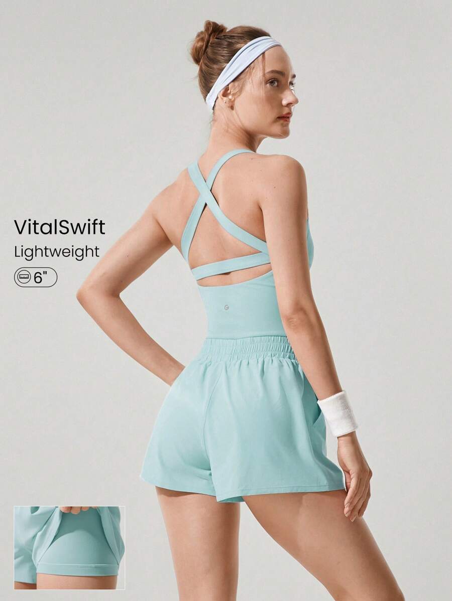 GLOWMODE Bộ đồ liền thân 6'' FeatherFit™-Air Runched Waist Crossover Back Side Pockets có quần short tích hợp, tay cầm chống trượt, chạy bộ, tập luyện tại phòng tập thể dục - Xanh lá cây Mù sương - Xem 1
