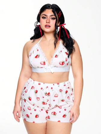 Kawaii Plus Size Strawberry Print Triangular Cup Casual Home Wear Suit, Countryside Vibe, Summer