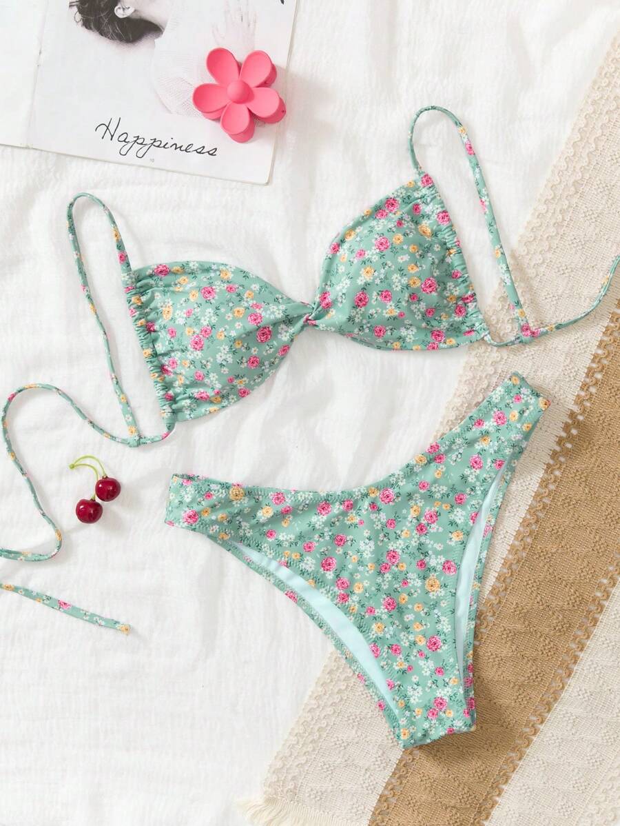 SHEIN Swim 2pcs/Set Summer Tiny Ditsy Floral Tie Strap Backless Beach Vacation Bikini Swimsuit - Multicolor - View 1