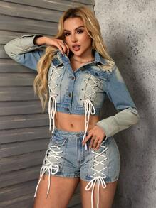 SHEIN SXY Chaqueta y abrigo de mezclilla de mujer, moda casual, con tirantes tejidos, con nostalgia retro y sexy - Lavado ligero - Ver 4