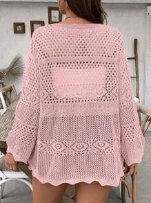 SHEIN Holidaya Plus Size Women Solid Color Crochet Tie Long Sleeve Maxi Sexy Cover Up Lightweight For Holiday, Beach, Swimsuit Cover-Ups, Sun Protection, Summer Fall Winter Cloth For Women