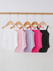 SHEIN Playful Pals 5件套女婴休闲百搭日常纯色罗纹针织连体衣套装，0-3岁 - 彩色 - 查看 2