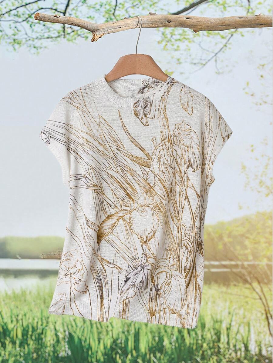 EMERY ROSE New Arrival Spring Casual Loose Retro Artistic Print Crew Neck Lightweight Silky Women Pullover Sweater - White - View 1