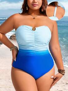 Swim Lushoire Plus Size Women Ombre Printed Ruffle Bandeau One-Piece Swimsuit - Blue - View 1