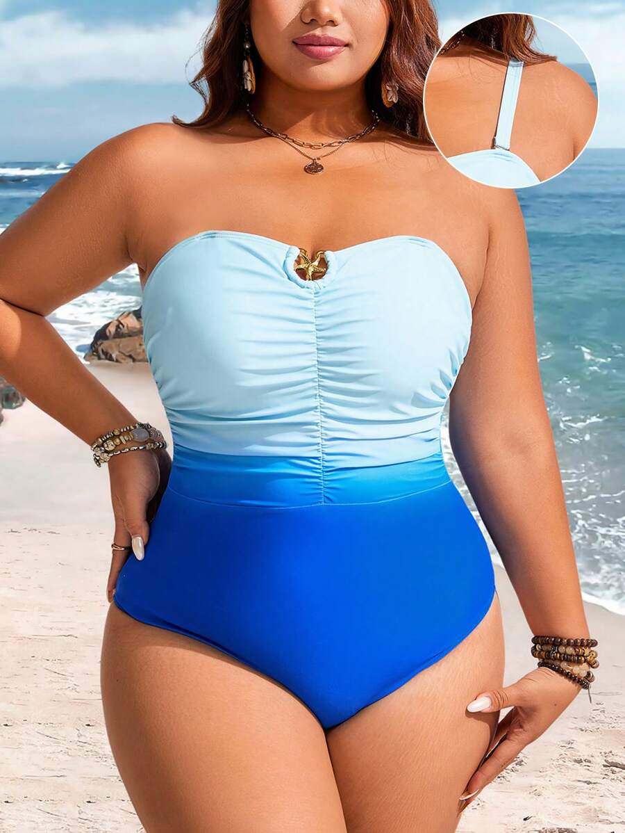 Swim Lushoire Plus Size Women Ombre Printed Ruffle Bandeau One-Piece Swimsuit - Blue - View 1