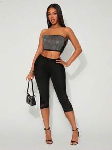 SHEIN SXY Women's Solid Color Elastic Waist Contrast Lace Capri Leggings
