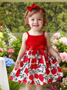 SHEIN Vestido de tirantes informal y adorable para niñas bebé con estampado de corazón acanalado rojo y dobladillo con volantes, verano - Rojo - Ver 3